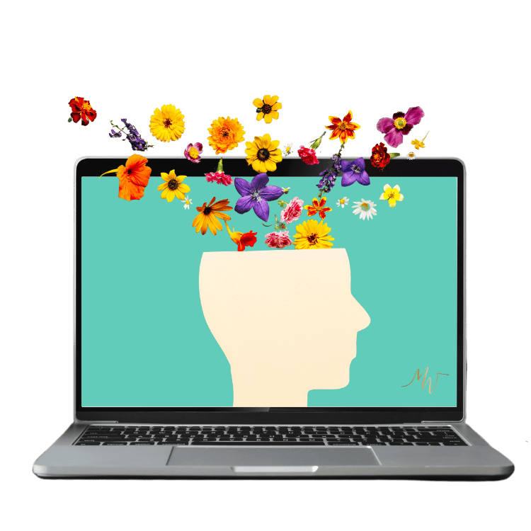 Laptop mit Illustration eines Kopfprofils und bunten Blüten, symbolisiert Medical Mentoring Videokurse