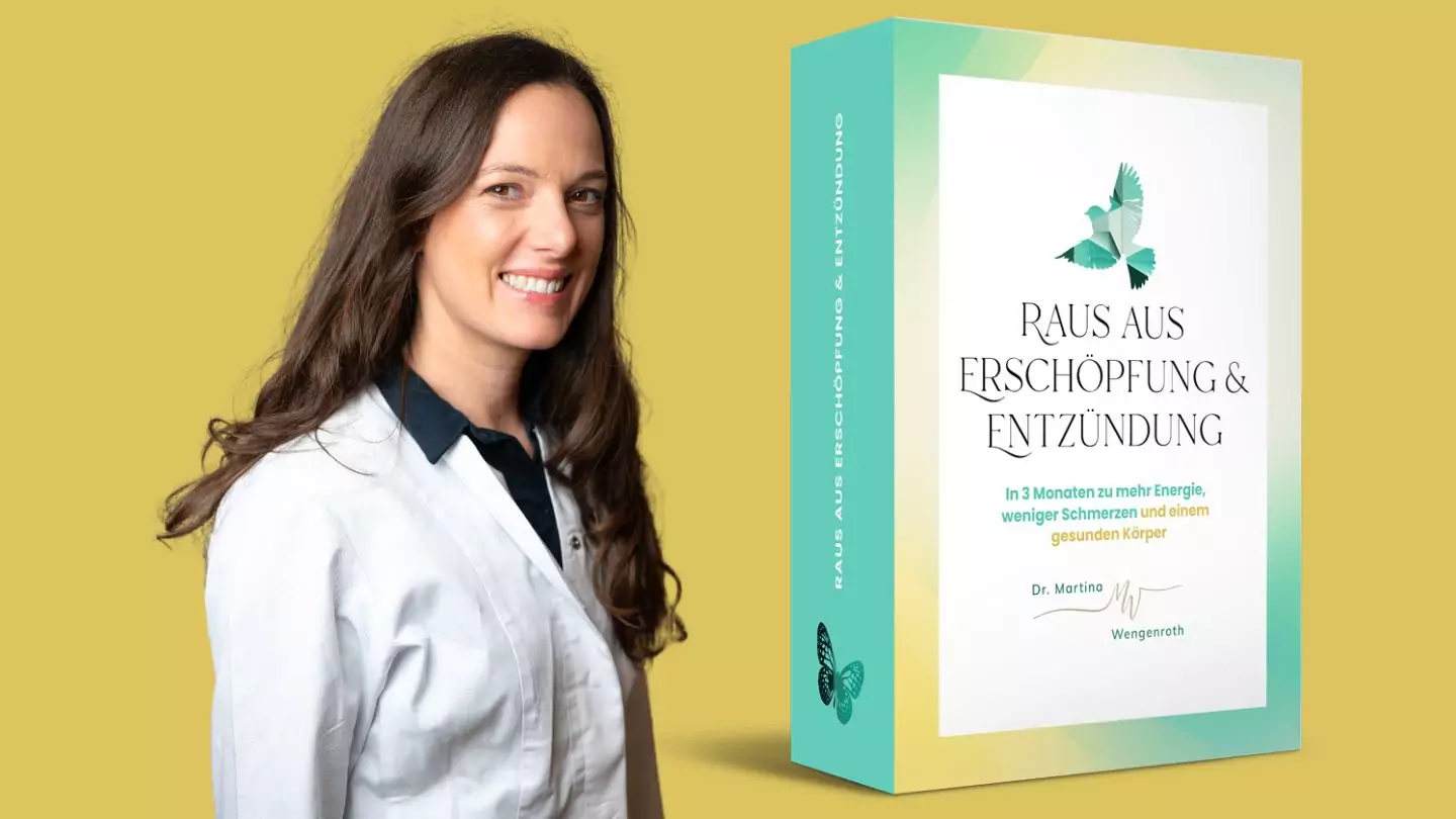 Dr. Martina Wengenroth neben türkis-weißem Produktkarton mit Titel und Blatt-Logo vor gelbem Hintergrund