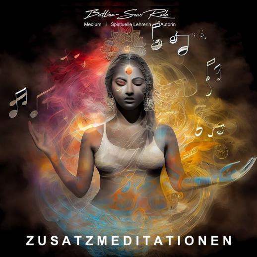 Medialität total – Videokurs zu Jenseitskontakten 4 Meditationsfigur umgeben von Musiknoten und Energieauren, Text 'Zusatzmeditationen'