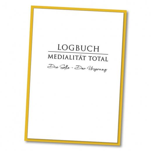 Medialität total – Videokurs zu Jenseitskontakten 3 Logbuch-Mockup mit goldenem Rahmen, Text 'Logbuch Medialität Total'