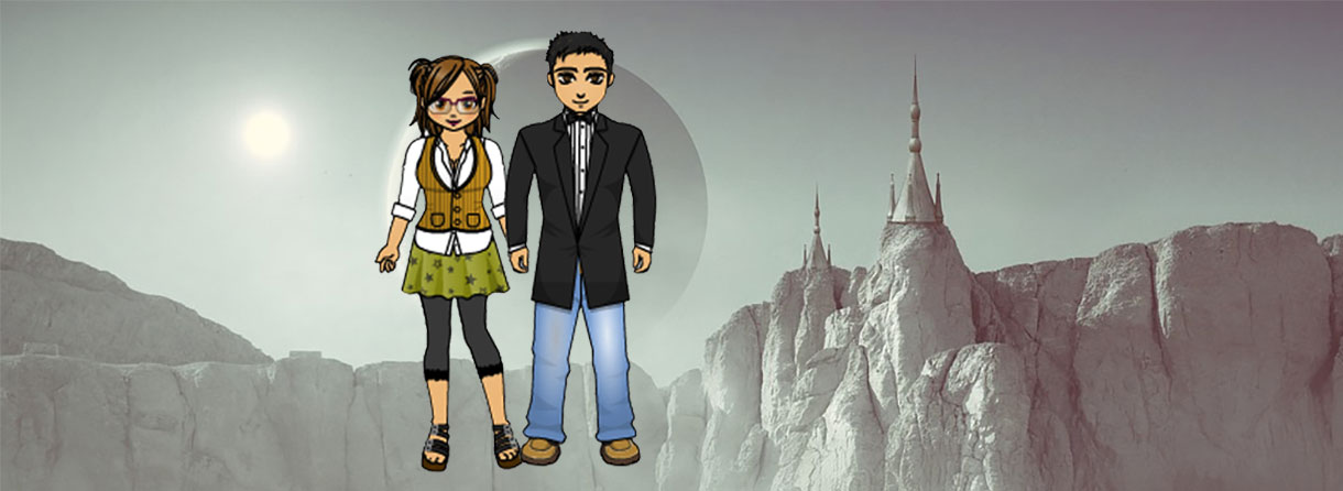 Cartoon-Figuren eines Mannes und einer Frau vor Berglandschaft mit Schloss