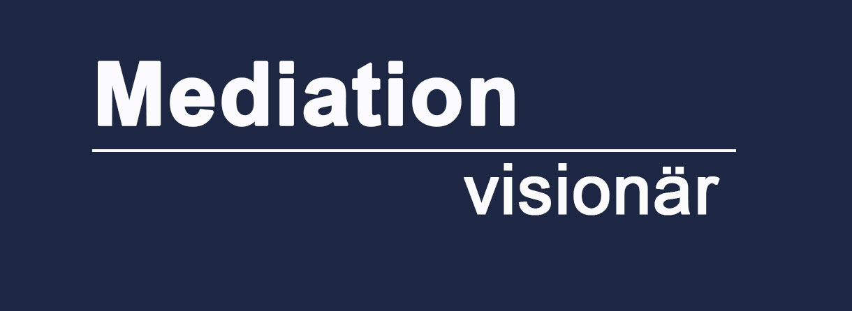 Weißer Text 'Mediation' und 'visionär' auf dunkelblauem Hintergrund