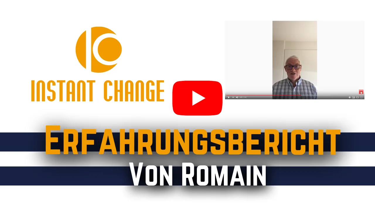 Meditation zur Energiereinigung von Instant Change 6 Erfahrungsbericht von Romain, Video-Thumbnail mit Instant Change Logo und älterer Mann mit Brille
