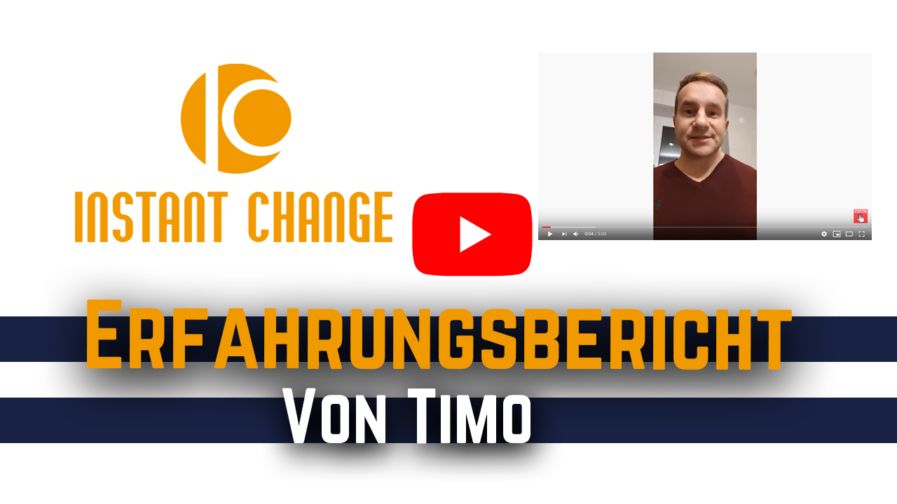 Meditation zur Energiereinigung von Instant Change 10 Erfahrungsbericht von Timo, Video-Thumbnail mit Instant Change Logo und junger Mann in Wohnzimmer