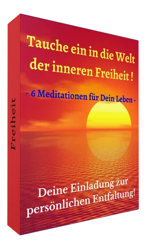 3D-Mockup roter Produktbox mit Sonnenaufgang und Meditationstitel