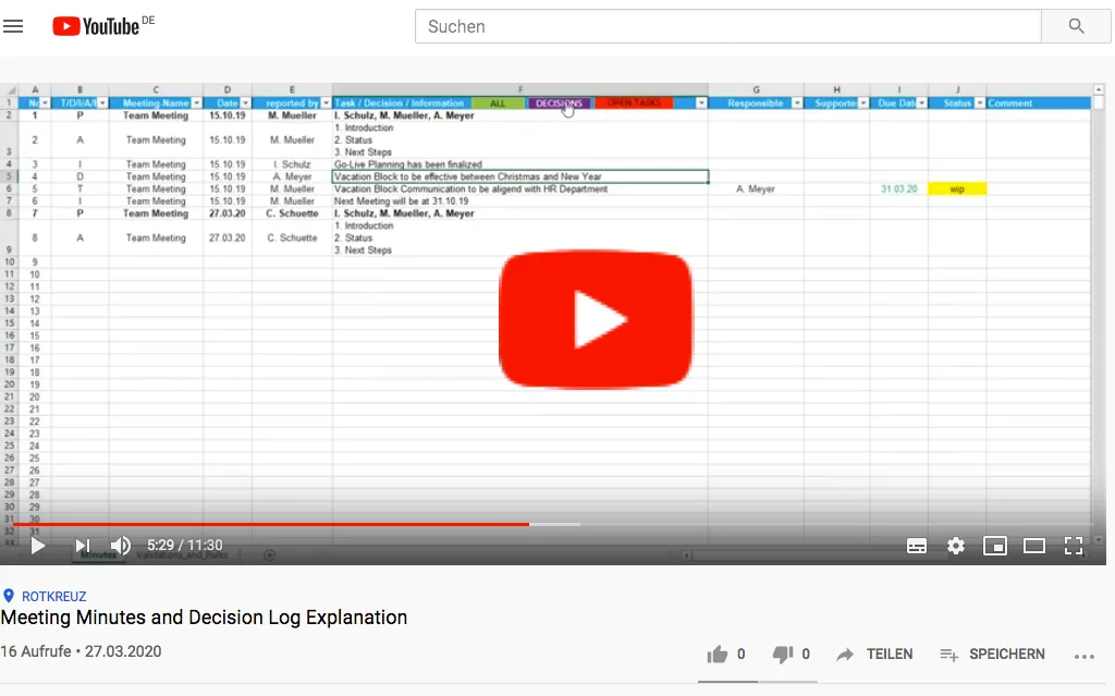 YouTube-Video Meeting Minutes and Decision Log Explanation mit Play-Button über Excel-Tabelle