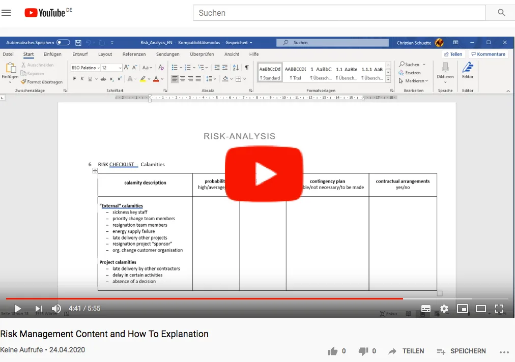 YouTube-Video Risk-Analyse Dokumentation mit Play-Button über Risiko-Checklisten-Tabelle