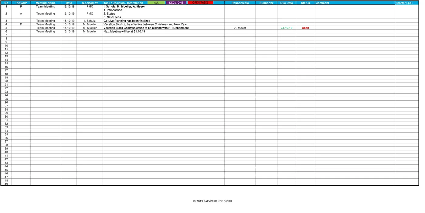 Meeting Minutes Tabelle in Excel mit Spalten für Meeting-Name, Datum, Teilnehmer, Entscheidungen und Status