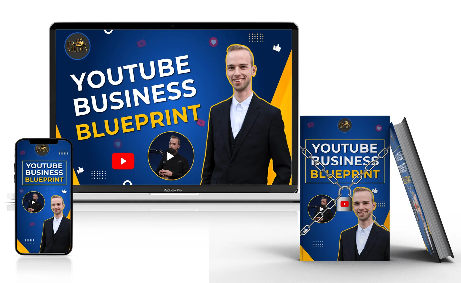 YouTube Business Blueprint Videokurs Mockup auf MacBook Pro, iPhone und als Buch mit Autor Fabian Reinelt