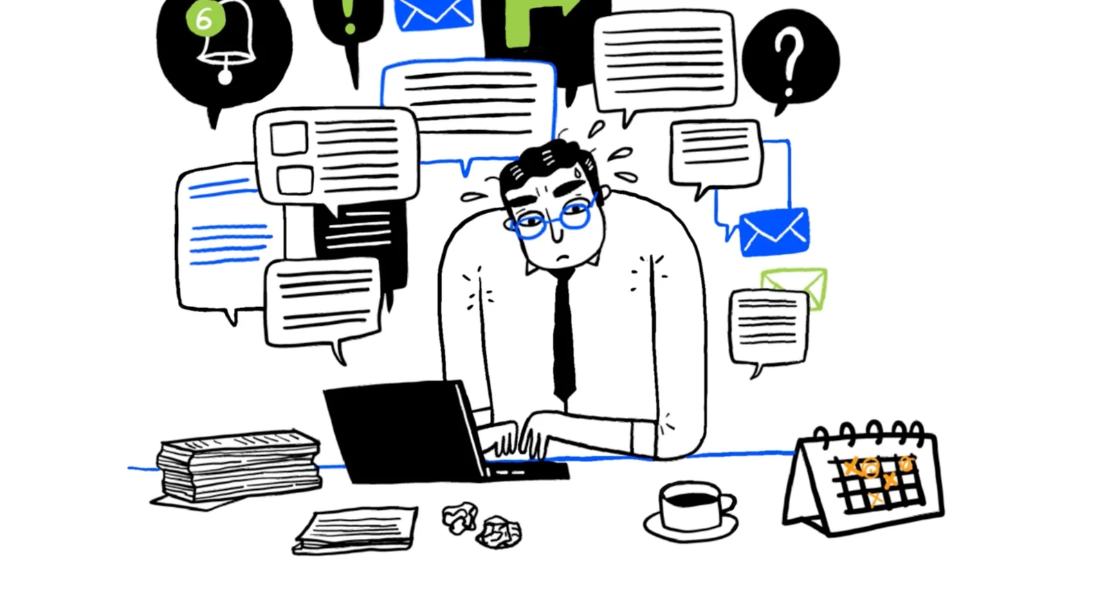 Illustration eines gestressten Mannes am Schreibtisch, umgeben von Kommunikationssymbolen, Dokumenten und Aufgaben
