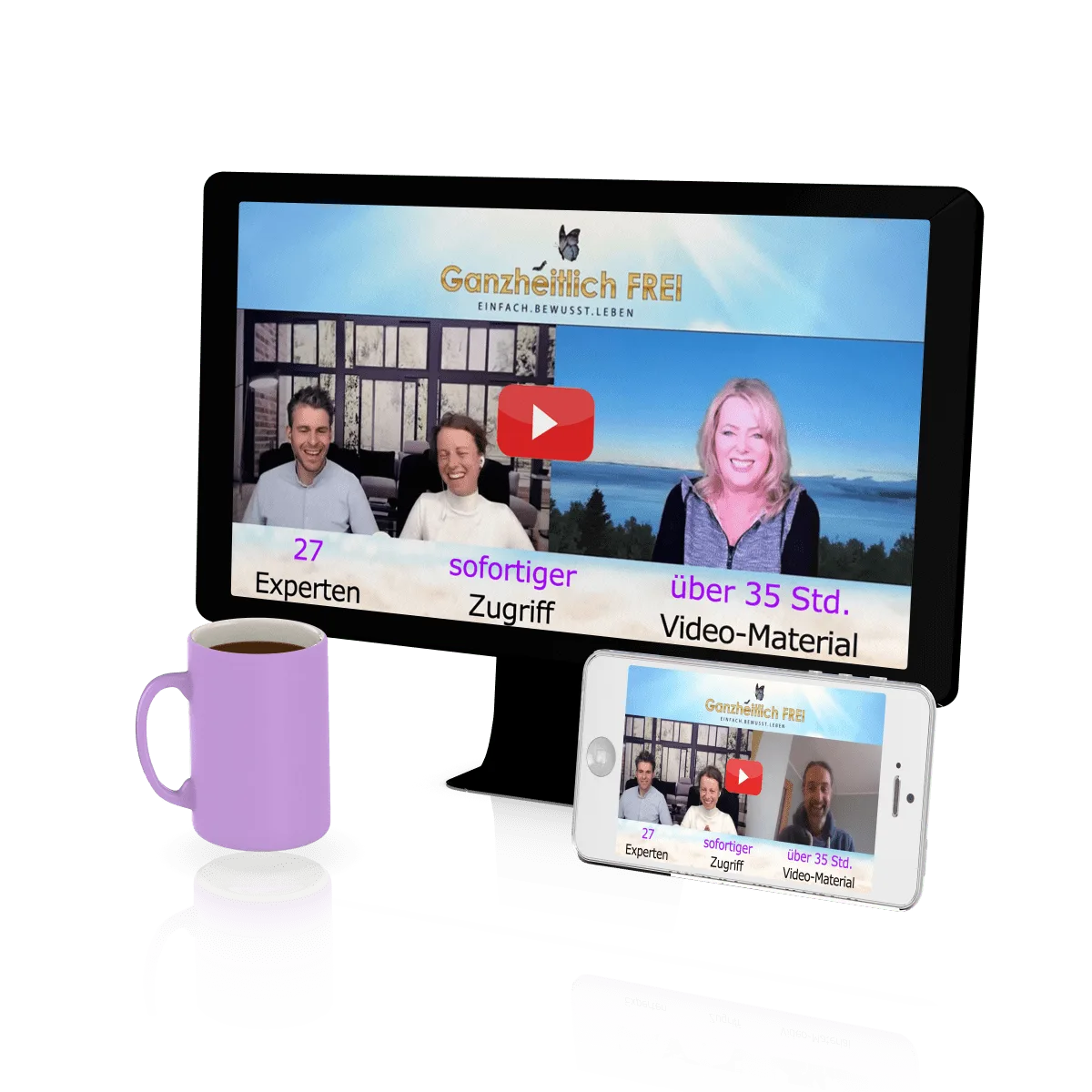 Desktop-Monitor und Smartphone zeigen Video-Kongress mit drei Personen, daneben violette Kaffeetasse, Branding 'Ganzheitlich