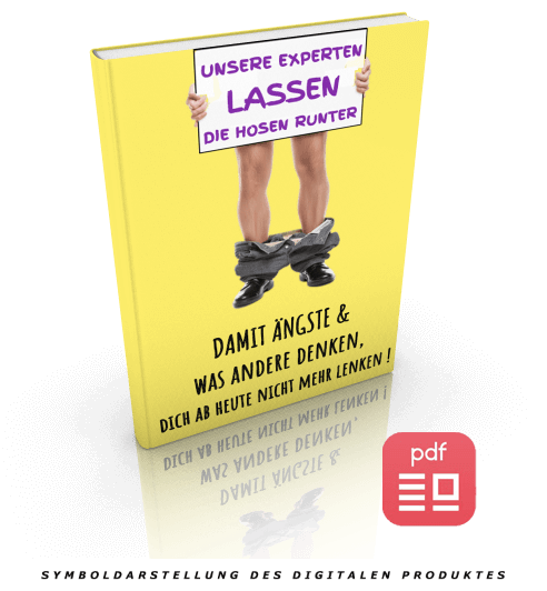 E-Book Cover mit gelbem Hintergrund, Frauenbeine in schwarzen Schuhen, Text 'Unsere Experten lassen die Hosen runter' und PDF