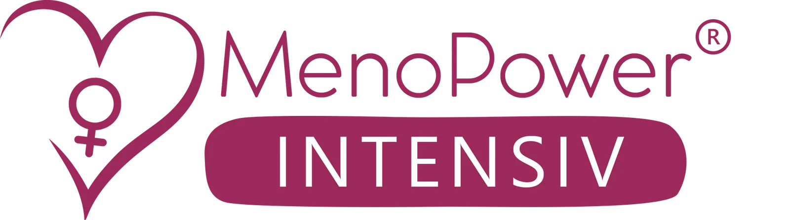 MenoPower INTENSIV Logo mit Frauensymbol und Herz in Magenta auf weißem Hintergrund