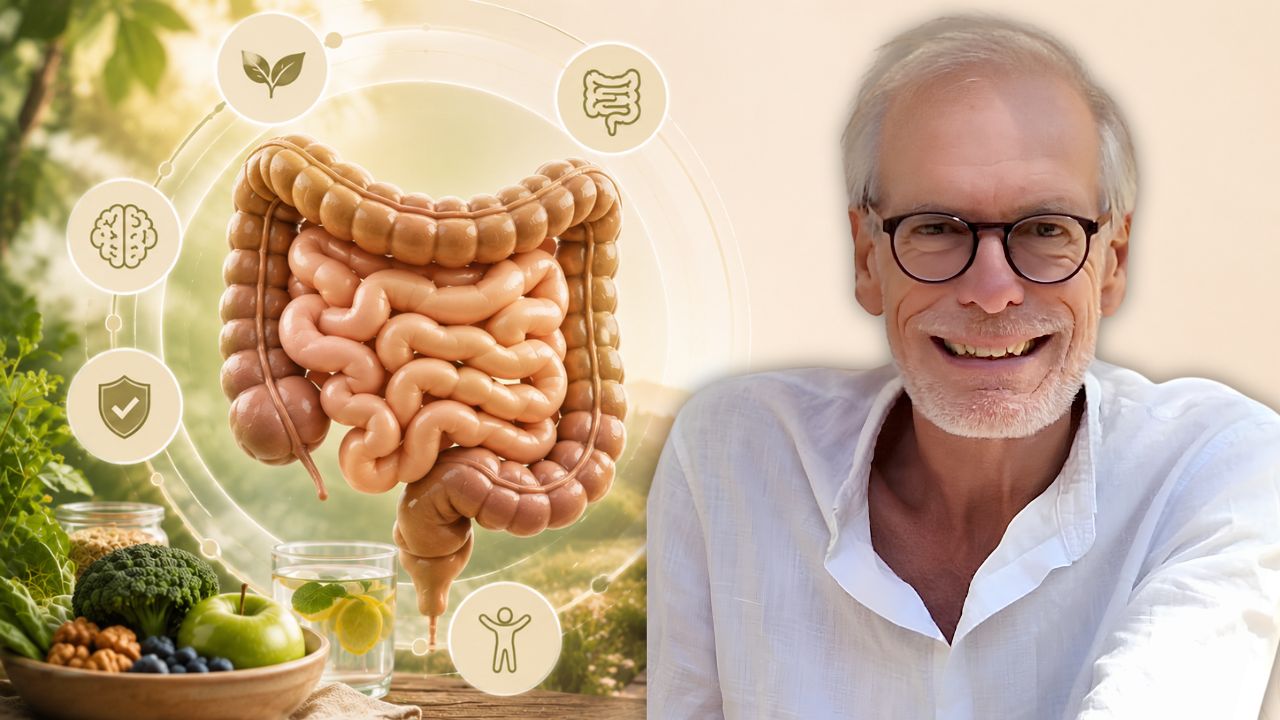 Verdauungssystem mit Gehirn, Darm und Wellness-Icons neben Portrait eines Mannes