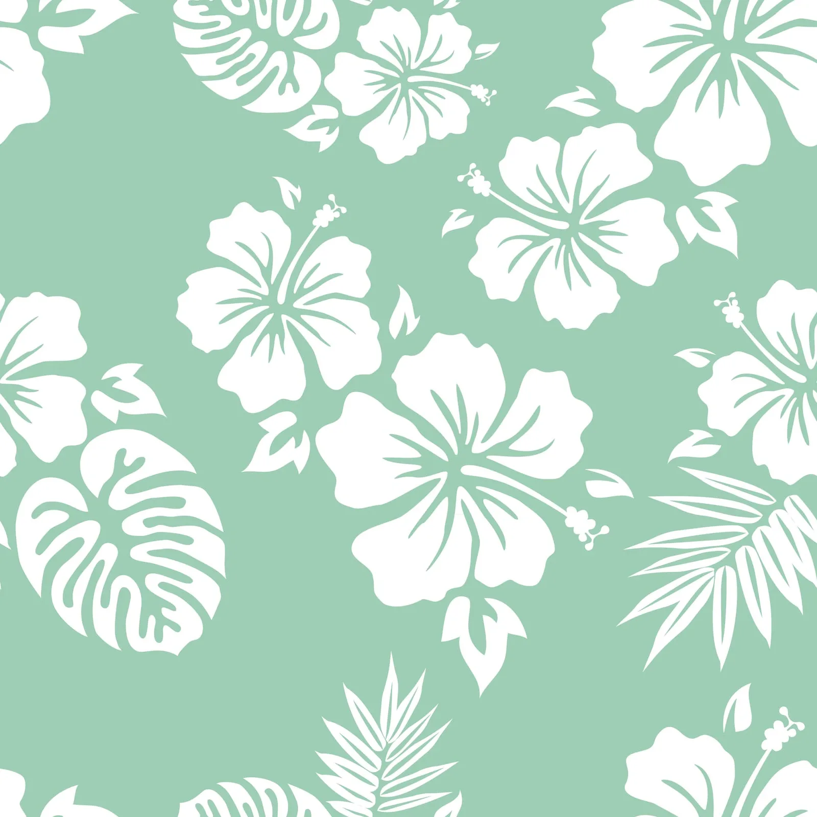 Grünes Muster mit weißen Hibiskus- und Monstera-Blüten