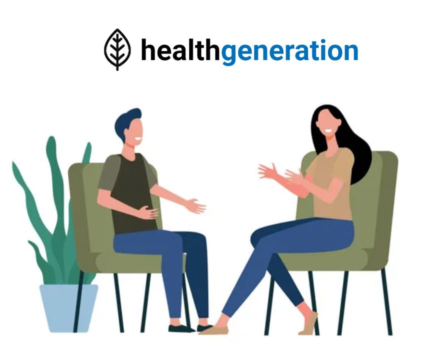 Mental Resilience – 7-Tage-Mentaltraining-Challenge 4 Illustration zweier Personen in Coaching-Sitzung, sitzend in grünen Sesseln mit Pflanze, health-generation Logo