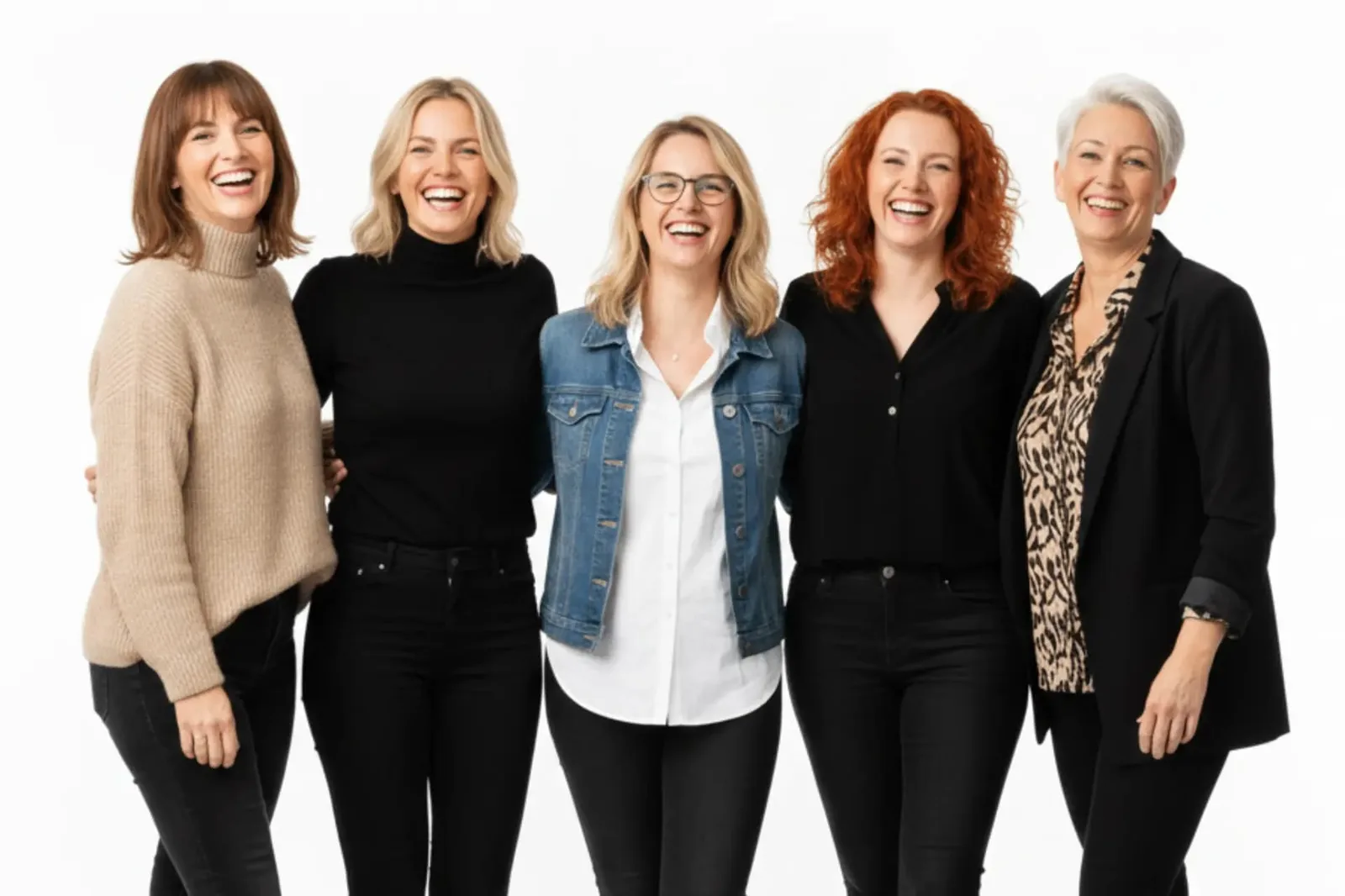 Fünf Frauen verschiedener Altersgruppen und Haarfarben stehend, Portrait-Aufnahme