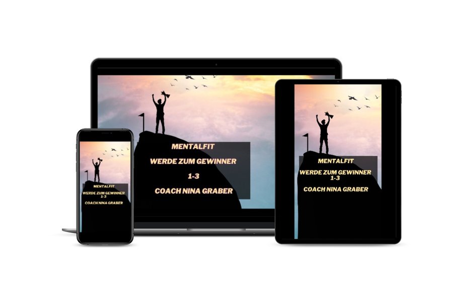 Mockup Mentalfit-Videokurs auf Smartphone, Tablet und Laptop mit Siegermotiv
