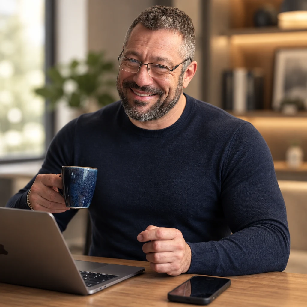 Mario Burgard sitzt am Schreibtisch mit Laptop und blauem Kaffeebecher, trägt dunkles Langarmshirt