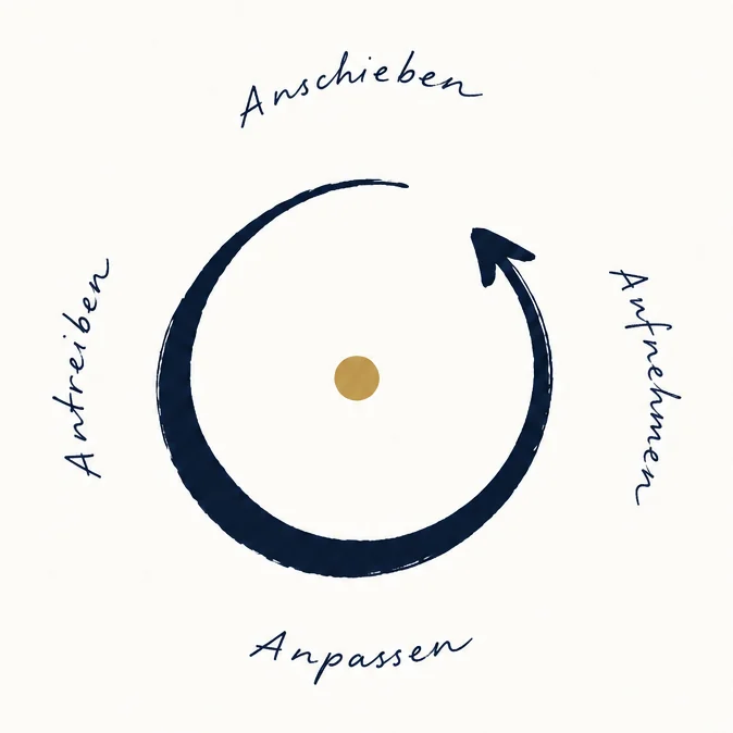 Kreisdiagramm mit vier Phasen: Anschieben, Aufnehmen, Anpassen, Antreiben um zentralen goldenen Punkt