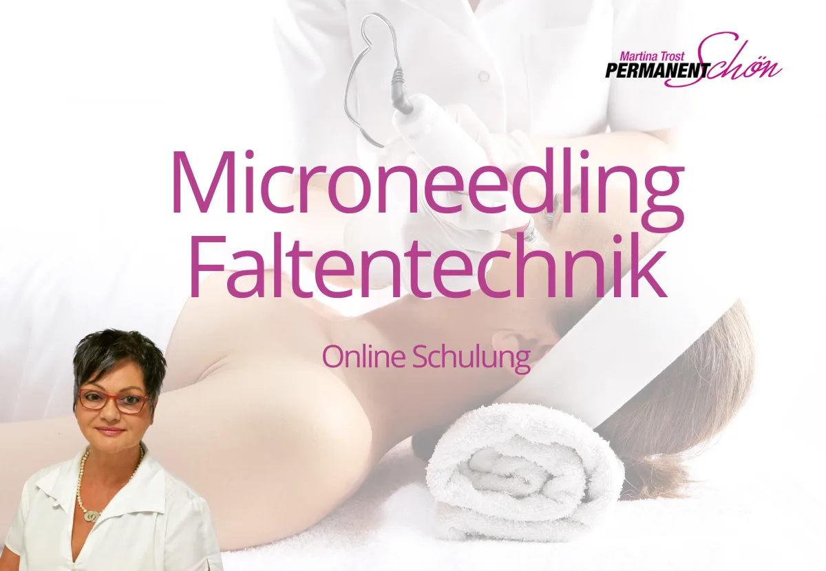 Microneedling Faltentechniken Online Schulung Kursbanner mit Martina Trost und Behandlungsgeräten