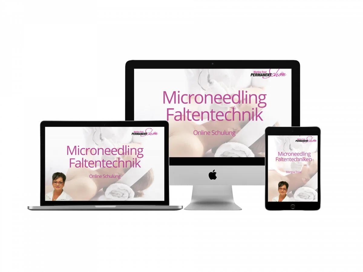 Responsive Mockup des Microneedling Faltentechnik Kurses auf MacBook Pro, iMac und iPad