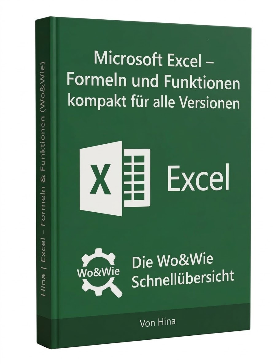 Microsoft Excel – Formeln und Funktionen kompakt für alle Versionen, grünes Buchcover in 3D-Ansicht mit Excel-Logo