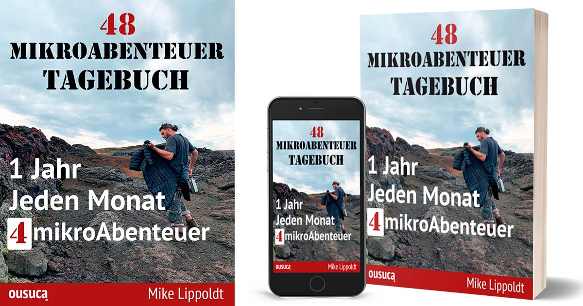 48 Mikroabenteuer Tagebuch Cover mit Mann in Berglandschaft, Smartphone und Buchversion