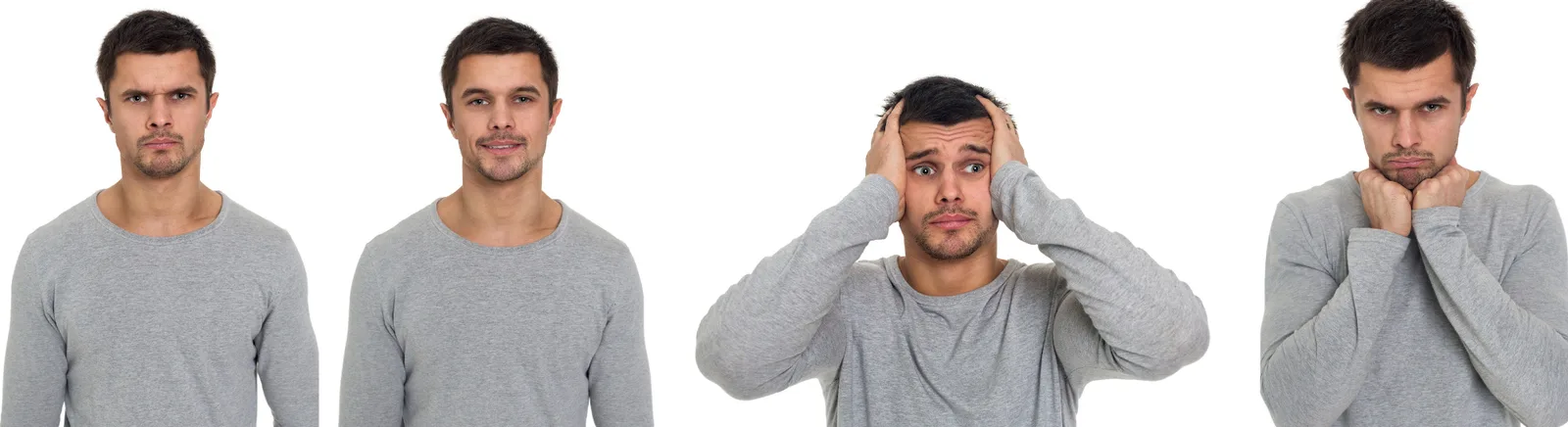Banner vier Männergesichter mit verschiedenen Emotionen und Mimiken, Neutral, Lächeln, Stress, Konzentration