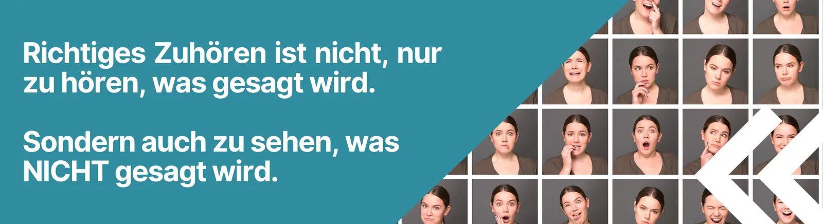 Banner mit Mimikresonanz-Quote und Emotionen-Grid, Frauen mit verschiedenen Gesichtsausdrücken, türkiser Hintergrund