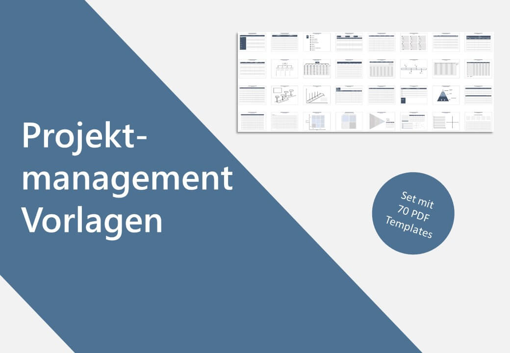 Mindmap – digitale Vorlagen zum Visualisieren von Projekt Vorlage 9 Hero-Bild mit Produktübersicht zeigt Projektmanagement-Vorlagen-Set mit über 70 PDF-Templates