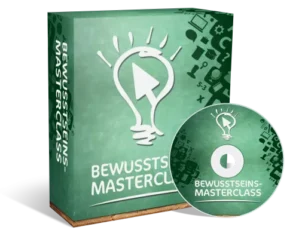Bewusstseins-Masterclass Produktbox mit DVD und grünem Design, Glühbirnen-Symbol