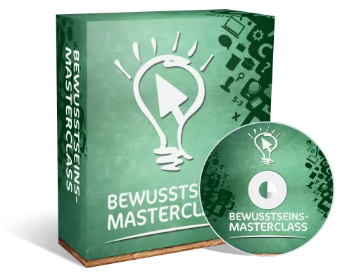 Bewusstseins-Masterclass Produktbox mit DVD und grünem Design, Glühbirnen-Symbol