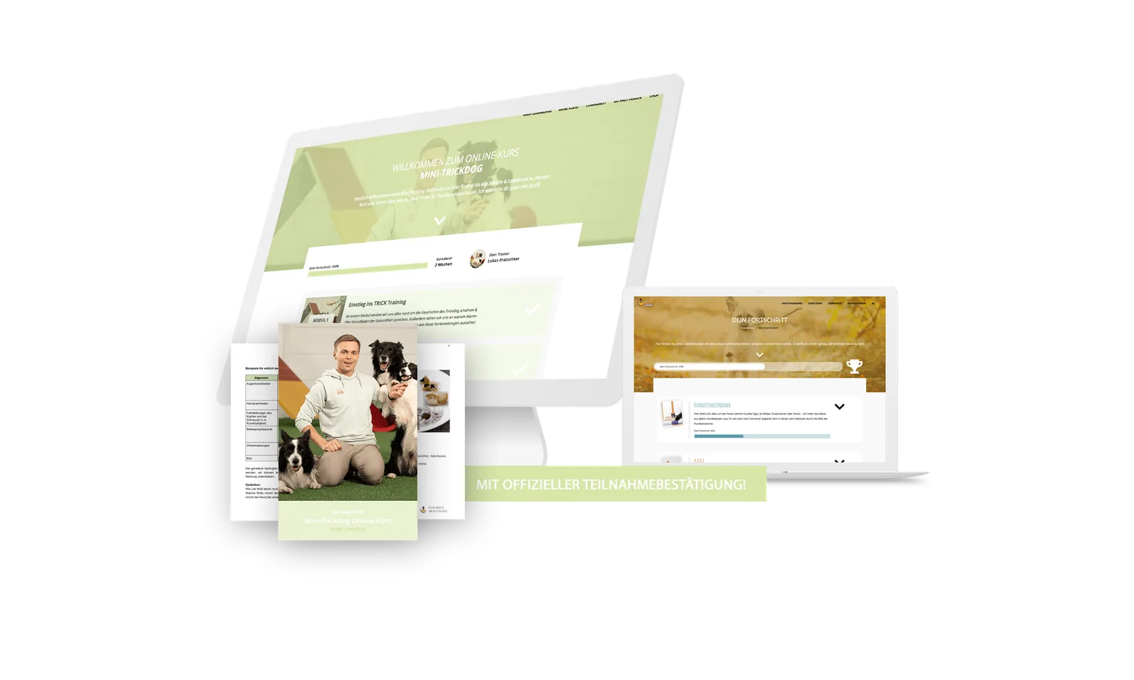 Produktmockup des Mini-Trickdog Online-Kurses mit Website-Ansichten und Trainerfoto