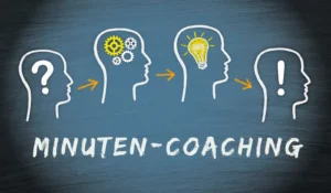 Minuten-Coaching Prozessdiagramm mit fünf Köpfen zeigt Denkprozess von Frage über Idee zur Lösung