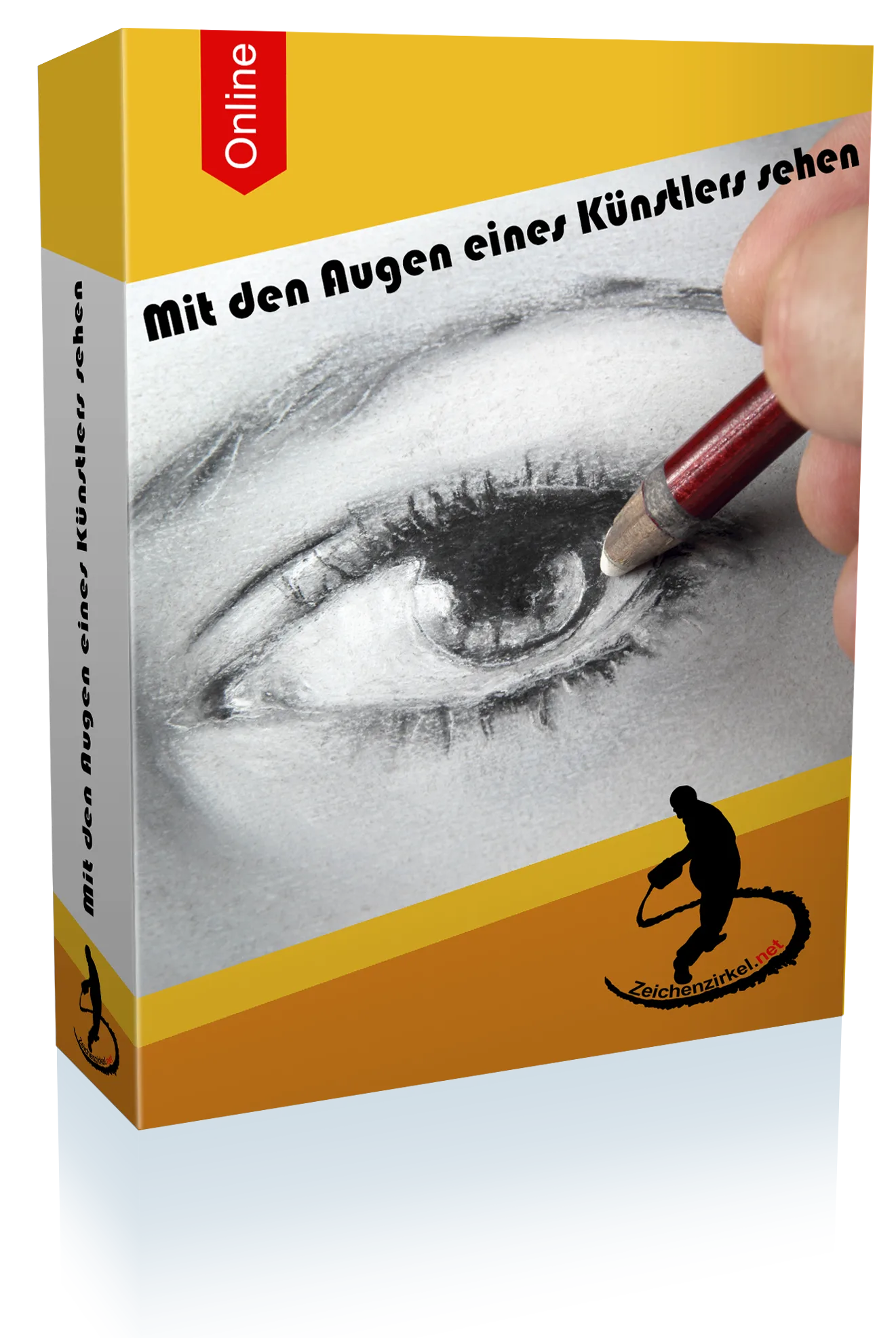 Produktbox Malen und Zeichnen Lernen Kurs mit detaillierter Bleistiftzeichnung eines Auges und Hand mit rotem Stift