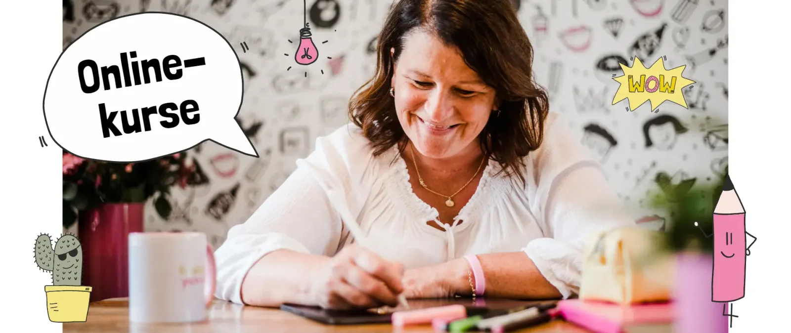 Mit Funny Lettering durch's Jahr – Videokurs zur Schriftgestaltung 3 Banner mit Kursinstruktor Simone Abelmann und Text Onlinekurse mit dekorativen Lettering-Elementen
