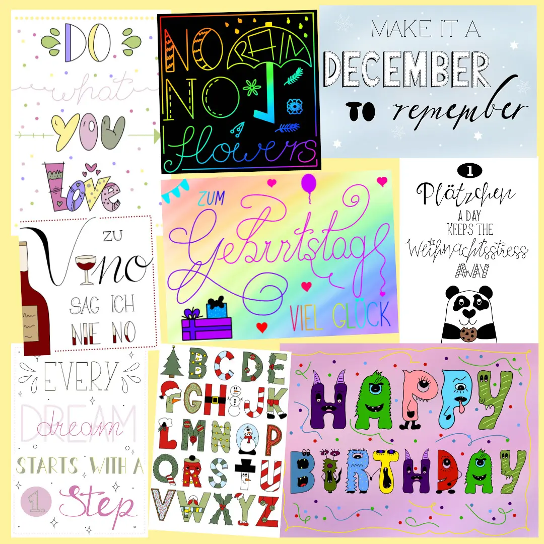 Mit Funny Lettering durch's Jahr – Videokurs zur Schriftgestaltung 4 Collage verschiedener Lettering-Designs mit saisonalen Motiven und bunten Schrifttypen