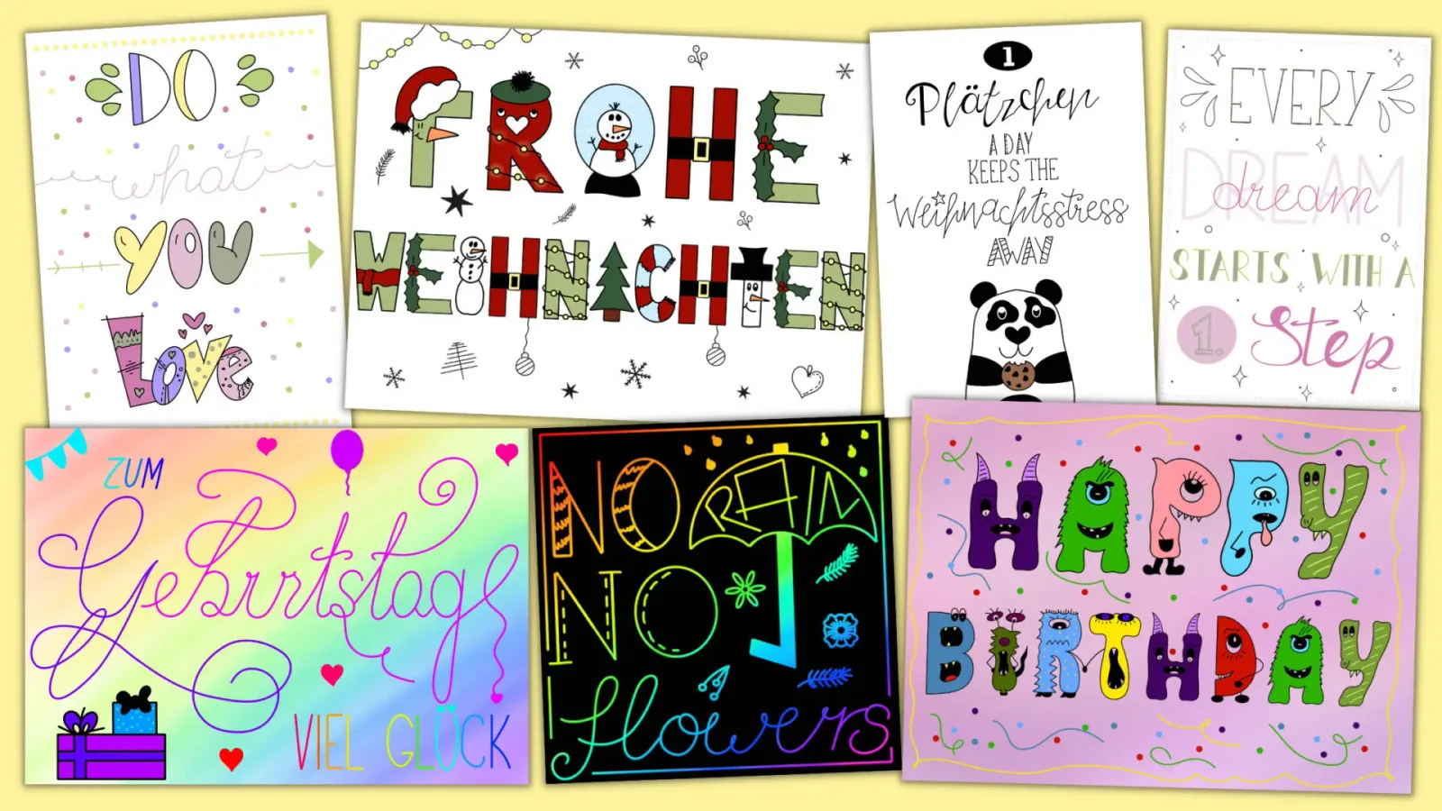 Mit Funny Lettering durch's Jahr – Videokurs zur Schriftgestaltung 5 Collage-Übersicht verschiedener Lettering-Designs mit saisonalen und dekorativen Motiven