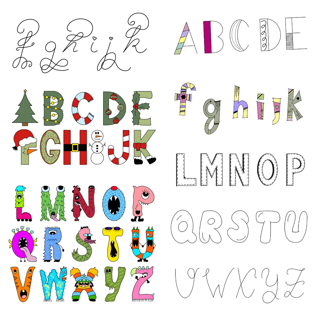 Mit Funny Lettering durch's Jahr – Videokurs zur Schriftgestaltung 6 Alphabet mit dekorierten Buchstaben A-Z in verschiedenen Lettering-Stilen und Monster-Motiven
