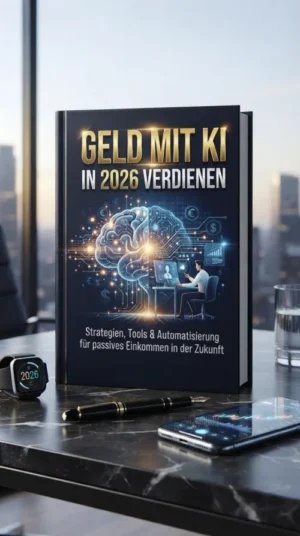 E-Book-Cover "Geld mit KI in 2026 verdienen" auf schwarzem Buch mit KI-Gehirn-Grafik und Skyline