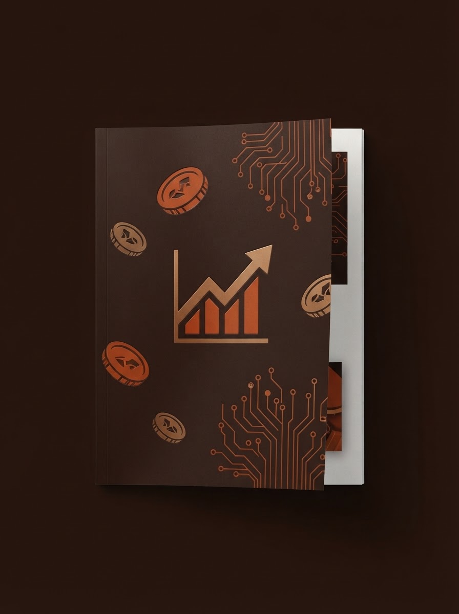 Mockup eines braunen Folders mit KI-Geld-Motiven: Münzen, Aufwärtstrend-Grafik und Schaltkreis-Muster