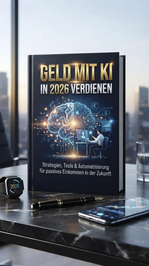 E-Book-Cover "Geld mit KI in 2026 verdienen" auf schwarzem Buch mit KI-Gehirn-Grafik und Skyline