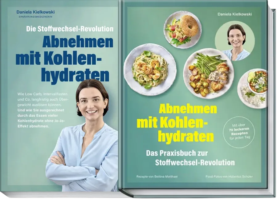 Zwei Buchcover von Daniela Kielkowski zum Thema Abnehmen mit Kohlenhydraten