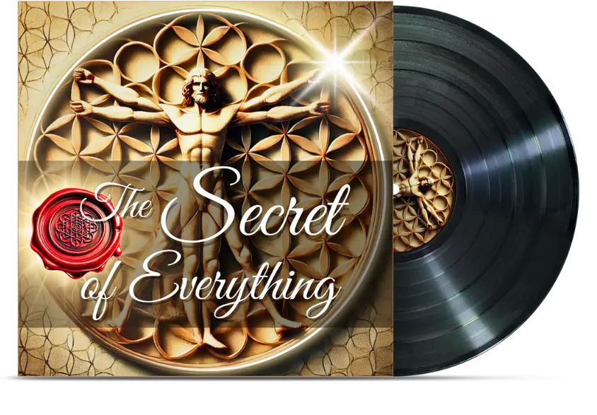 Vinyl-Album-Cover The Secret Of Everything mit Flower of Life Muster und goldener Figur