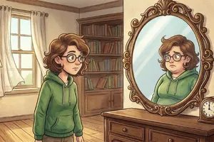 Mit Mindset und Klopfen zur Wunschfigur – Videokurs zum Abnehmen 3 Illustrierte Frau mit Brille in grüner Kleidung blickt auf ihr Spiegelbild in ornamentalem Rahmen