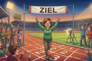 Mit Mindset und Klopfen zur Wunschfigur – Videokurs zum Abnehmen 7 Illustration Frau am Zielband im Stadion, Laufen, Erfolg, Wunschfigur erreichen