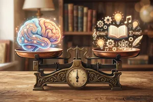 Mit Mindset und Klopfen zur Wunschfigur – Videokurs zum Abnehmen 2 Illustration einer Waage mit Gehirn-Symbol und Wissens-Symbol, symbolisiert Mindset und Wissen