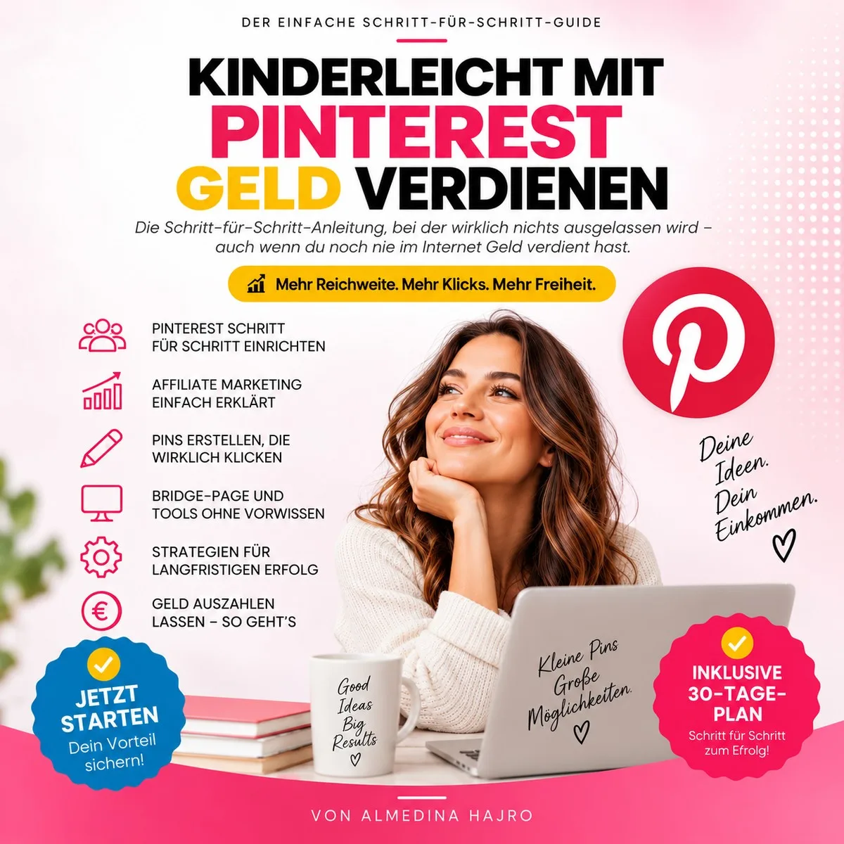 Hero-Grafik zum E-Book "Kinderleicht mit Pinterest Geld verdienen" von Almedina Hajro mit Frau am Laptop
