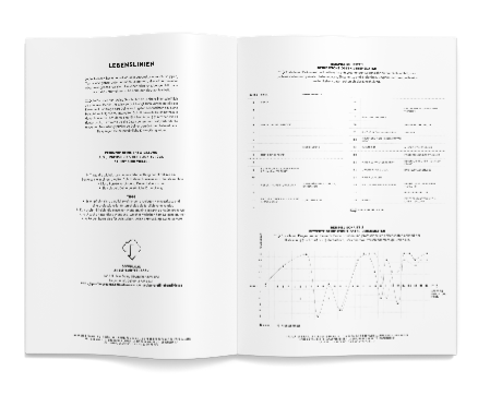 Profilbuch Mockup aufgeschlagen zeigt Lebenslinien und Analyse-Seiten